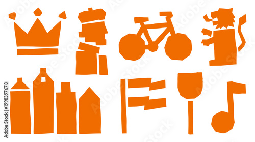 Orange Icons Representing Dutch Culture Symbols Including Crown Bicycle Lion and Buildings on White Background