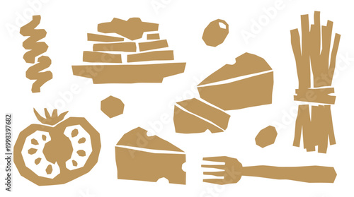 Golden Italian Food Ingredients Collection Featuring Pasta Cheese Tomato and Olives Isolated on White Background