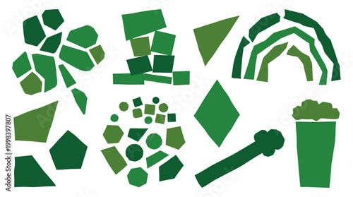 Green abstract shapes forming St Patricks Day symbols like shamrock hat rainbow and beer mug festive celebration design elements