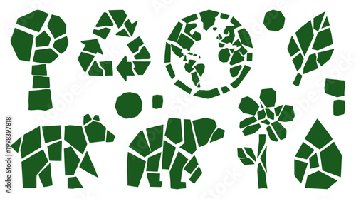 Green eco friendly icons set with recycling symbol earth tree flower bears and leaves in mosaic style for environmental protection concept