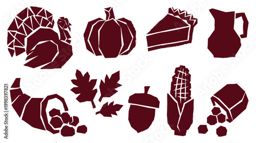 Thanksgiving harvest icons set with turkey pumpkin pie corn acorn and cornucopia symbols for autumn celebration