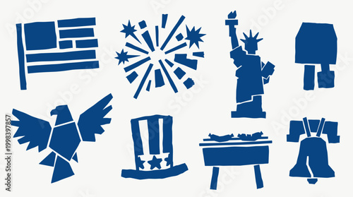 Collection of iconic american symbols in blue silhouette on a white background representing patriotism and national pride