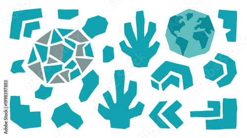 Abstract geometric sea turtle illustration with coral reef elements and planet earth symbol representing ocean conservation and marine life protection