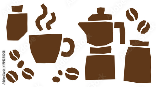 Stylized illustration of coffee making elements including a cup, moka pot, coffee beans, and a bottle, in a minimalist brown color palette, perfect for cafe branding or beverage concepts.