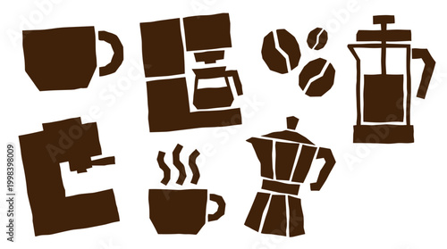 Collection of coffee making equipment and hot beverages in a minimalist brown silhouette style on a white background