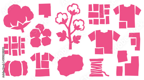 Pink cotton plant icons and textile elements for fabric production and fashion design