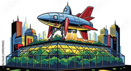 A bold retrofuturist rocket ship with red fins lands on a glass-domed rooftop garden above a vibrant city skyline.