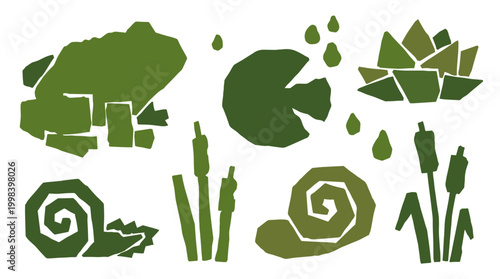 Green frog, snails, reeds, and lily pad in a stylized, graphic, cut-out art style representing pond life and nature
