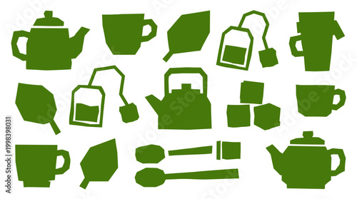 Green tea time collection of icons teapots cups tea bags spoons sugar cubes and leaves on white background for cafe or beverage design