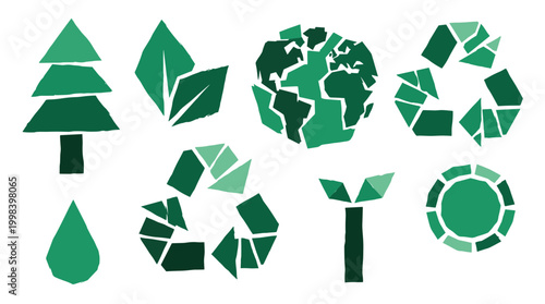 Collection of green eco friendly icons representing nature sustainability and recycling concepts like trees earth water and reuse symbols on white background