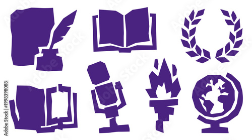 Collection of purple icons representing education knowledge and achievement including a book quill inkwell globe microphone and laurel wreath