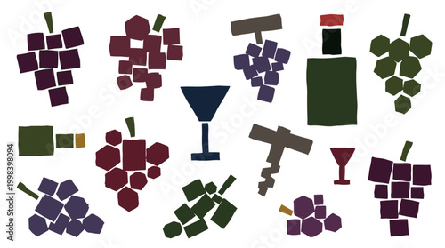 Abstract geometric grapes and wine bottle set with corkscrew and glasses stylized flat design elements for beverage and food concepts