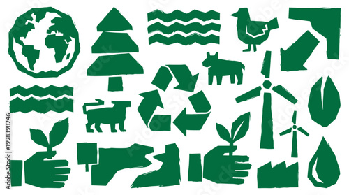 Green eco friendly icons and symbols representing nature conservation sustainability and renewable energy sources like wind turbines and recycling