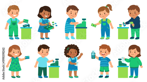 Children playing cashiers with cash register and money at store
