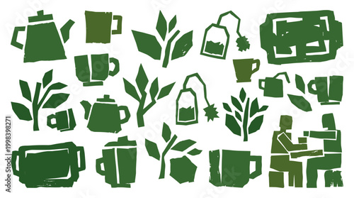 Green tea time illustration with mugs, teapots, tea bags, and people enjoying a beverage in a cozy setting