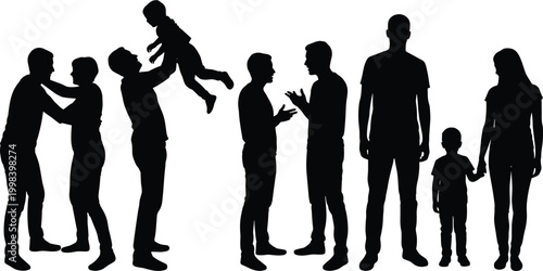 Vector Silhouette Collection of Happy Families Couples and Friends Interacting Talking and Holding Children Isolated on White Background for Commercial Design