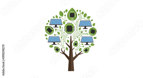 A stylized digital tree features a brown trunk and green leaves integrated with blue solar panels and green circuit board components.