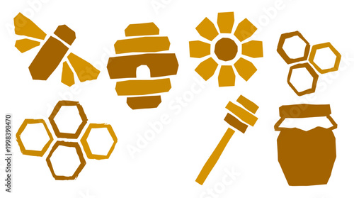 Collection of stylized honey bee related icons including a bee honeycomb flower honey pot and dipper on a white background