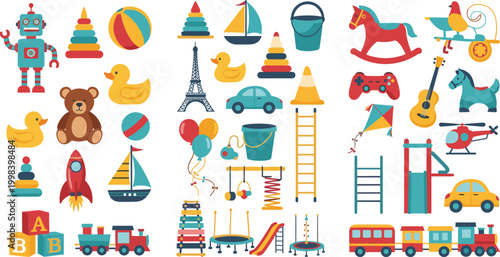 Kids toys collection with robot, teddy bear, train, blocks, car, helicopter and playground equipment, colorful cartoon vector illustration set isolated on white