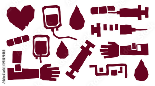 Blood donation concept with medical icons like heart syringe blood bag and arm for healthcare and medical services