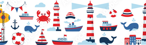 Nautical elements collection with lighthouse, ships, whale, crab and marine symbols, cute sea theme set, flat cartoon vector illustration isolated on white