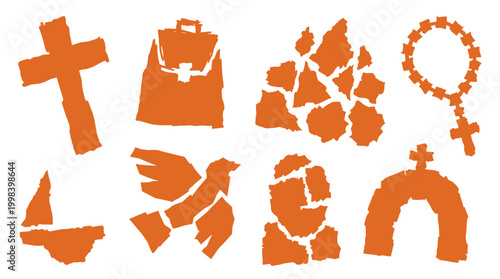 Collection of orange religious and business symbols and icons on a white background representing faith and work concepts