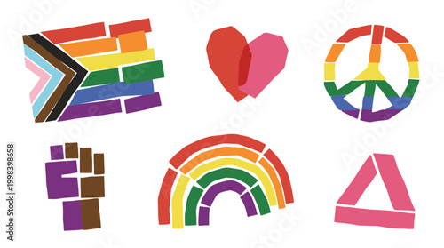 Diverse Pride symbols including rainbow flag heart peace sign fist and triangle representing love equality and social justice movements