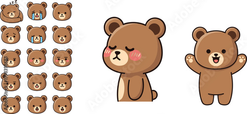 Cute Brown Bear Cartoon Character and Emoji Face Set Showing Various Emotions Including Happy Sad Crying and Blushing in Kawaii Style Vector Illustration