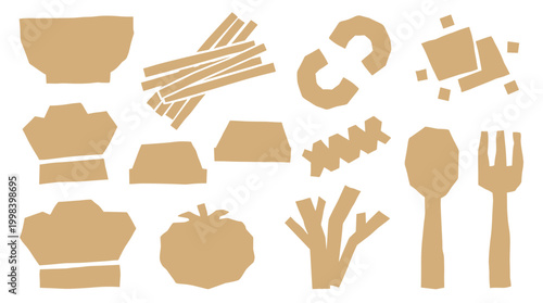 Flat design illustration of various food items and cooking utensils in a simple brown and white color scheme