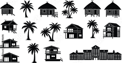 Tropical beach houses and palm trees silhouette collection isolated on transparent background