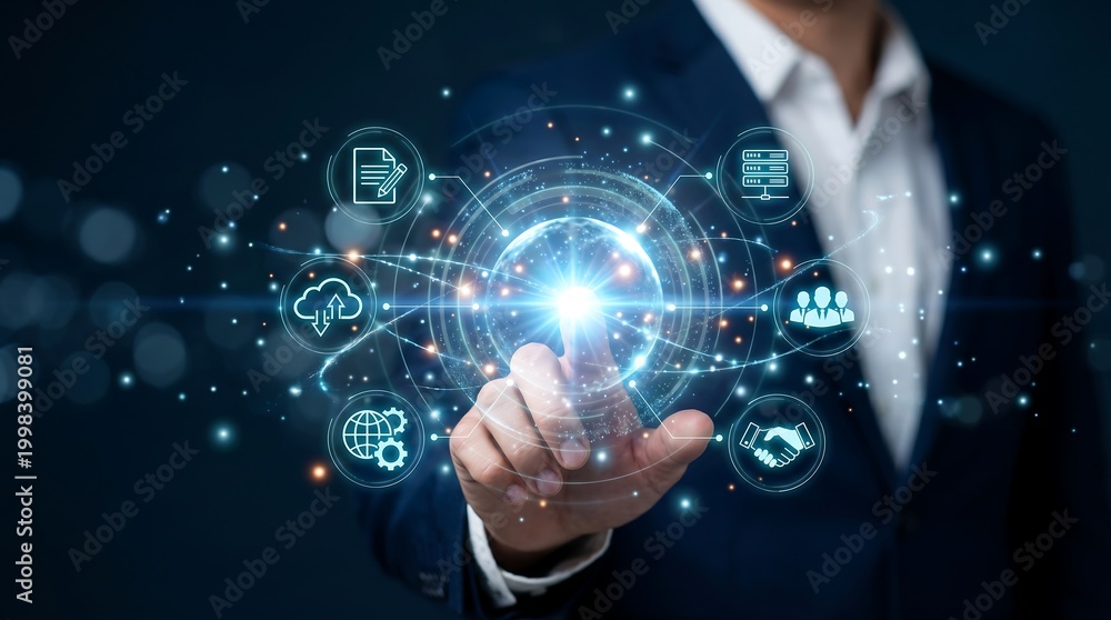 Fototapeta premium Business professional touching glowing digital hub for cloud computing and integrated server infrastructure management in modern enterprise