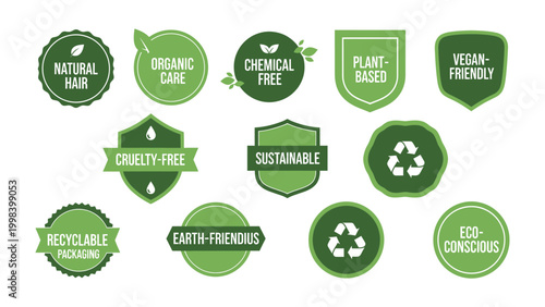 Eco-Conscious Badges: A collection of green and white badges, symbolizing a commitment to natural ingredients, eco-friendly practices, and sustainable products.