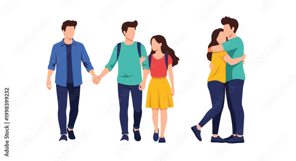 Obraz premium Minimalist silhouettes of young couples walking together, holding hands, and sharing an affectionate hug in a clean modern style.