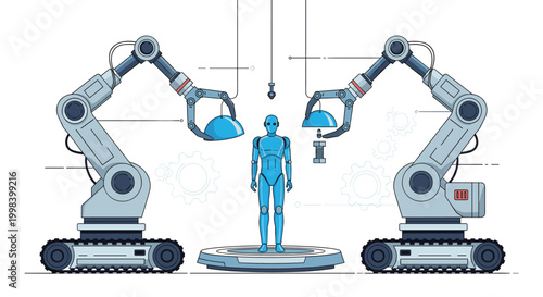 Advanced industrial scene featuring dual robotic arms working on the assembly and construction of a blue humanoid robot.