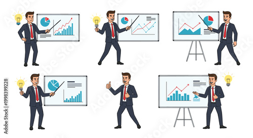 Professional businessman giving various presentations on whiteboards with business charts, data graphs, and creative ideas.