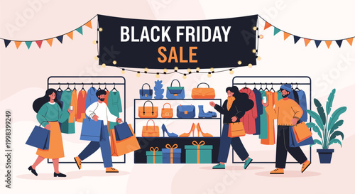 Busy Black Friday sale event in a clothing store with shoppers carrying bags and browsing racks of garments and accessories.