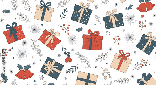 Festive Christmas holiday pattern featuring colorful gift boxes, winter branches, red berries, and golden jingle bells.