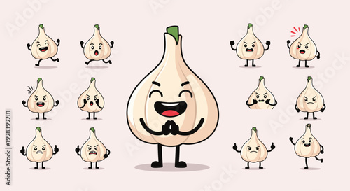 Funny garlic clove character with many different facial expressions showing joy, anger, surprise, and various comical poses.