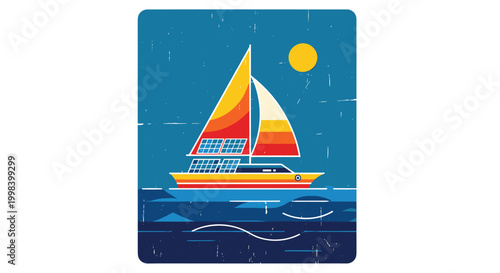 A stylized sailboat with colorful sails and solar panels cruises on a deep blue ocean under a bright yellow sun.