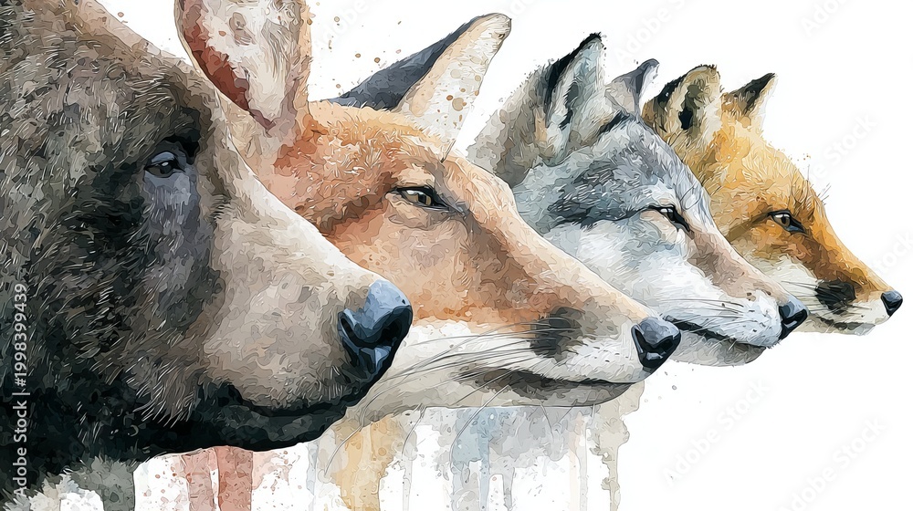 Fototapeta premium A watercolor painting artfully depicts a majestic bear, deer, wolf, and fox in profile.