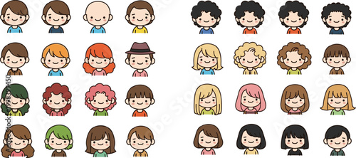 Cute Cartoon Diverse People Avatar Set Featuring Boys and Girls with Various Hairstyles and Expressions in Flat Design Style Vector Illustration