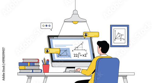 Male student focusing on online education at his desk using a computer to study complex geometry and math formulas.
