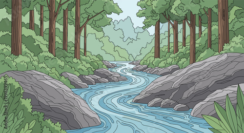 Serene nature landscape with a clear blue river winding through a thick forest of tall trees and large grey rocks.