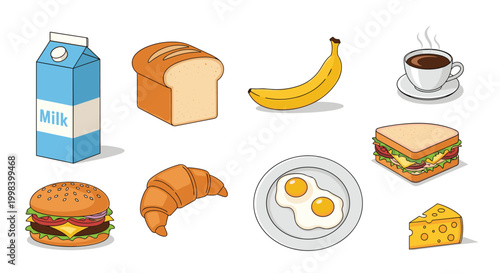 Variety of common breakfast food and drink items including milk, coffee, eggs, bread, a croissant, and a sandwich.