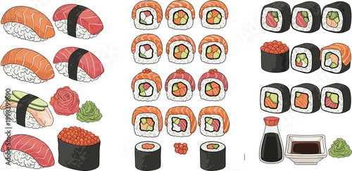 Sushi set collection with rolls, nigiri, sashimi, soy sauce and wasabi, Japanese food assortment, hand drawn cartoon vector illustration isolated on white background