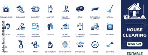 House cleaning editable solid icon set. Containing  laundry, janitor, broom, soap, washing, maid, home cleaning, vacuum, dusting, cleaner and more vector icons collection. 