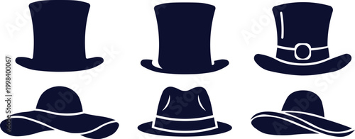 Hat Icons Collection | Top Hat, Fedora Hat, Sun Hat and Fashion Headwear Silhouettes Vector Set for Style and Accessories Design