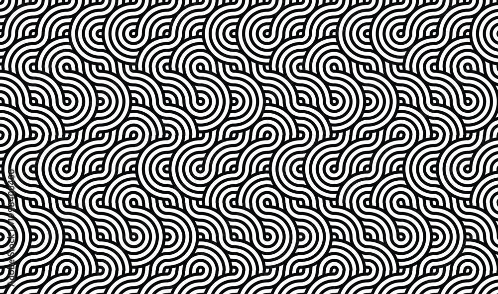 Fototapeta premium Seamless Grey Geometric Wave Pattern, Abstract Modern Concentric Circle Ornaments, Retro Minimalist Line Art Background, Textured Silver Vector Backdrop for Textile and Wallpaper Design 