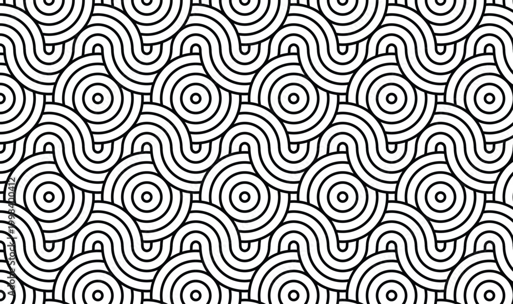 Obraz premium Seamless Black and White Concentric Circle Pattern, Abstract Geometric Wave Line Art, Modern Minimalist Monochrome Texture, Elegant Vector Background for Wallpaper and Textile Design 
