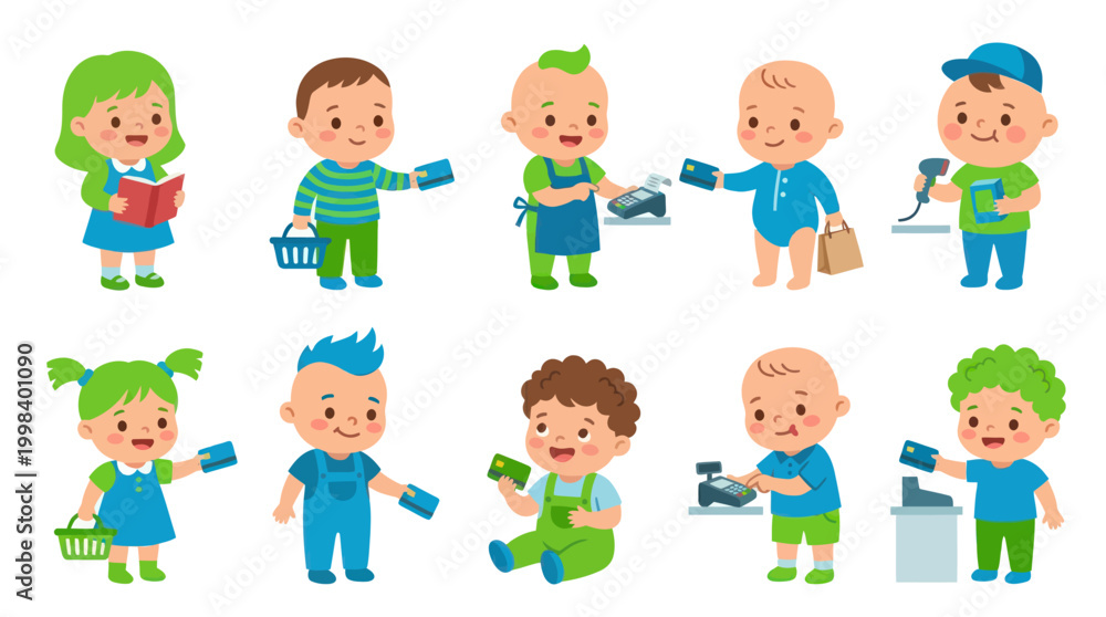 Fototapeta premium Children with shopping carts and credit cards, flat vector illustration
